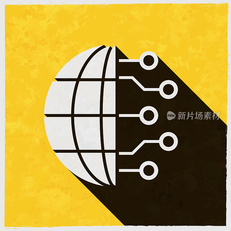 地球仪和电路板。图标与长阴影的纹理黄色背景