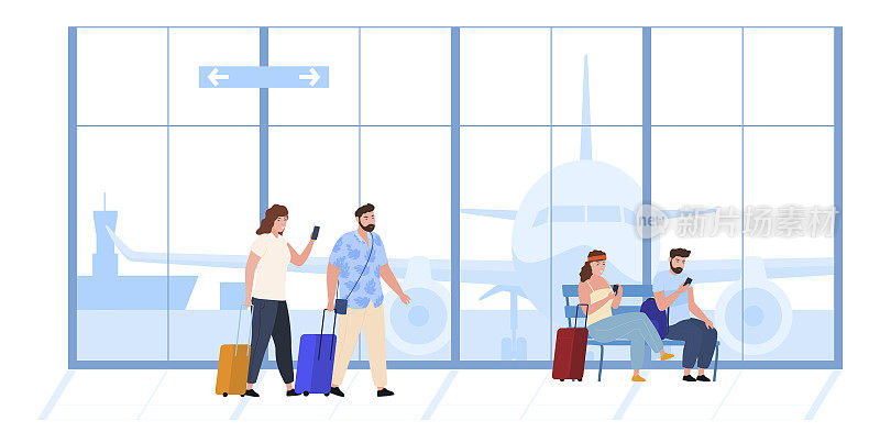 游客们在机场候机楼等待平面矢量平面插图。旅行的男人和女人
