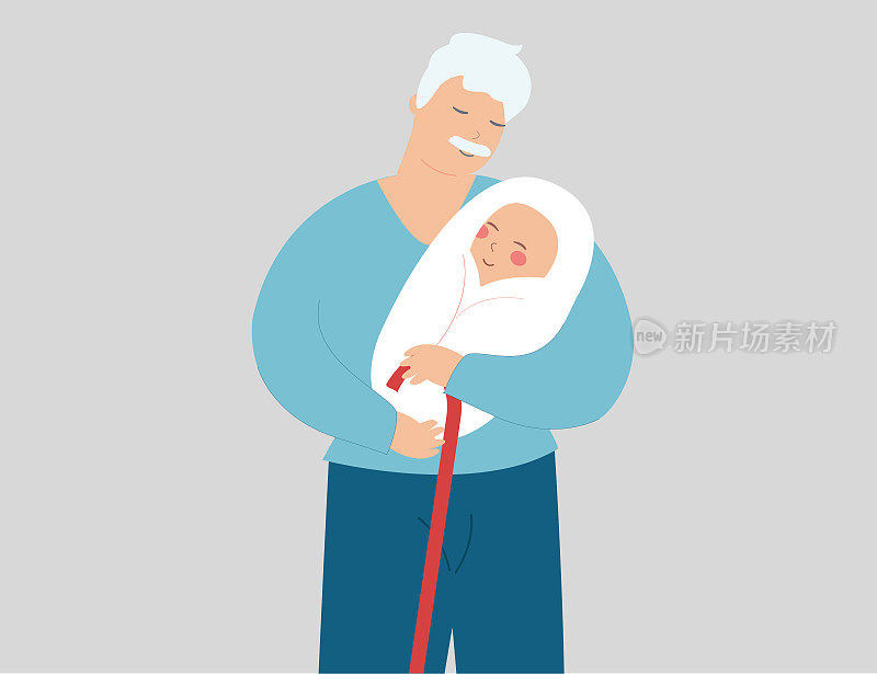 爷爷充满爱意地拥抱他刚出生的孙子。老爷爷细心地拥抱着他的小外孙。父亲节快乐，家庭纽带和世代观念。