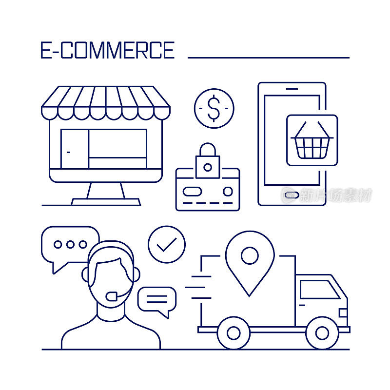 电子商务相关设计元素。使用大纲图标的模式设计。