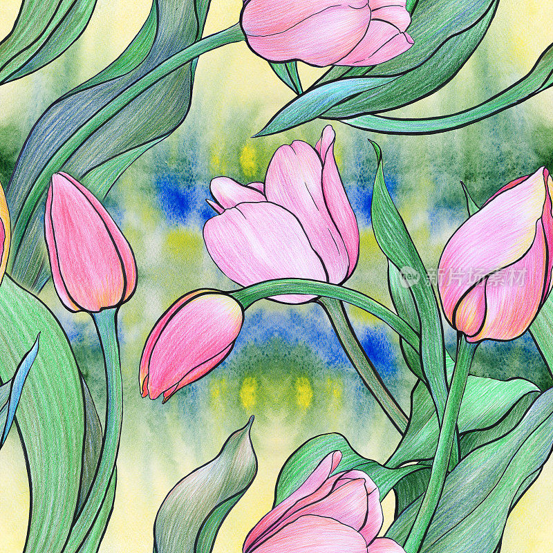花郁金香。无缝模式。在水彩背景上的花，叶和芽的拼贴。使用印刷材料，标牌，海报，明信片，包装。春天的花。