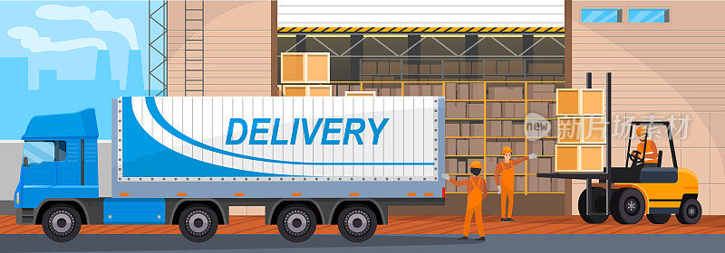 企业仓库货物运输用卡车。货物用箱子储存运输