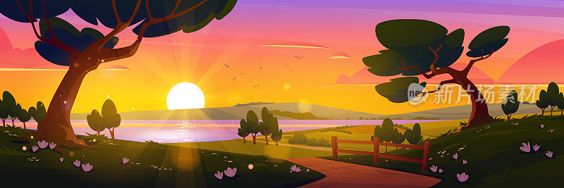 卡通自然景观，夏日夕阳背景