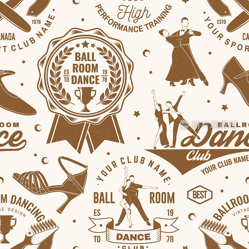 集交际舞运动俱乐部无缝模式。概念舞者运动图案背景或墙纸。舞蹈运动贴纸与交际舞鞋，男人和女人剪影。向量。