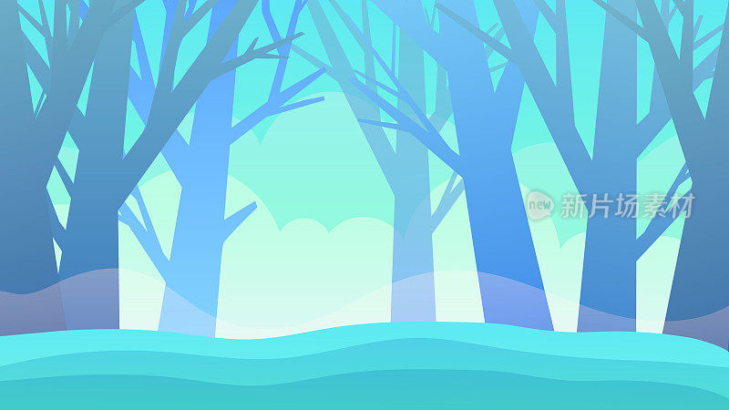 蓝天上树木的剪影。春天的卡通背景。