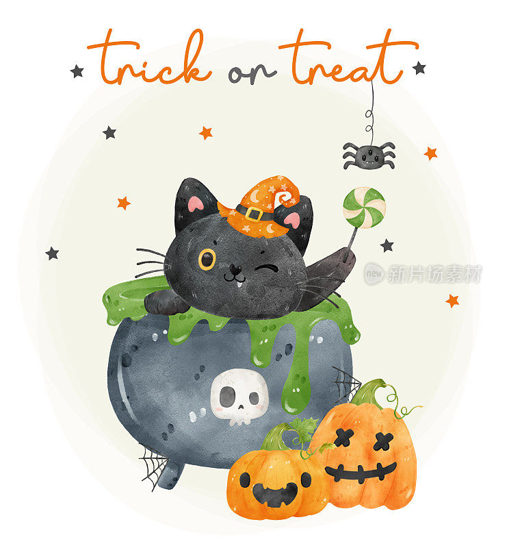 可爱有趣的黑色小猫猫大锅万圣节水彩动物字符矢量插图