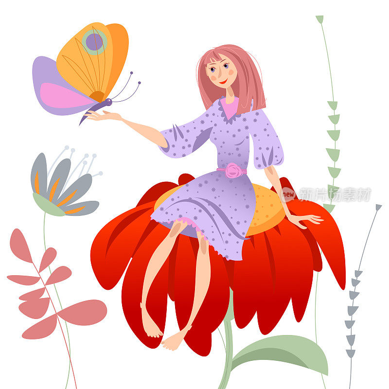 一个小女孩坐在一朵大花上，胳膊上挽着一只蝴蝶。拇指姑娘