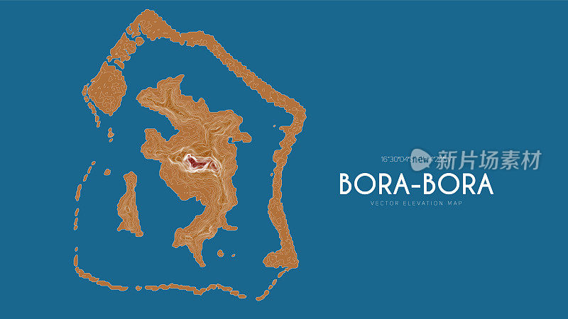 波拉波拉社会群岛地形图，法属波利尼西亚，太平洋。海岛矢量详细高程图。地理优美的山水轮廓海报。