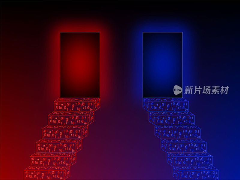 两层楼梯尽头的隧道是蓝色和红色的二进制代码。科幻插画的选择。霓虹灯通向虚拟现实。发光的效果