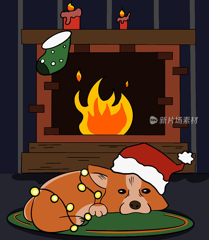 戴着圣诞帽的柯基躺在壁炉插图旁取暖