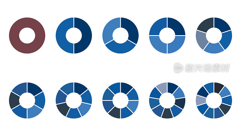 矢量百分比饼图集，圆形图标为信息图，蓝色图表集合，1、2、3、4、5、6、7、8、9、10个部分或步骤，UI,web设计业务演示插图