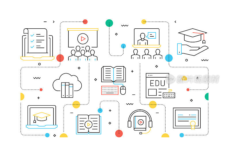 E-LEARNING相关的线风格横幅设计网页，标题，小册子，年度报告和书籍封面