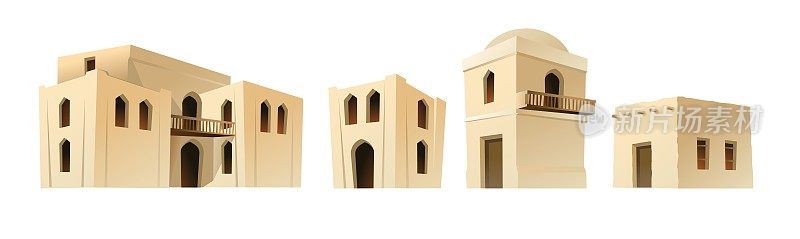 阿拉伯粘土小屋。中东土坯房。非洲和亚洲的传统房屋。白色背景隔离矢量。