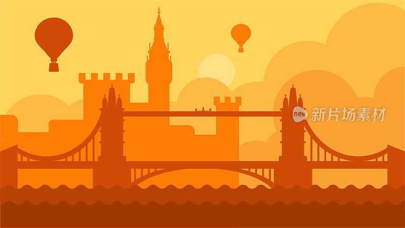 伦敦城市景观与城堡和河流矢量