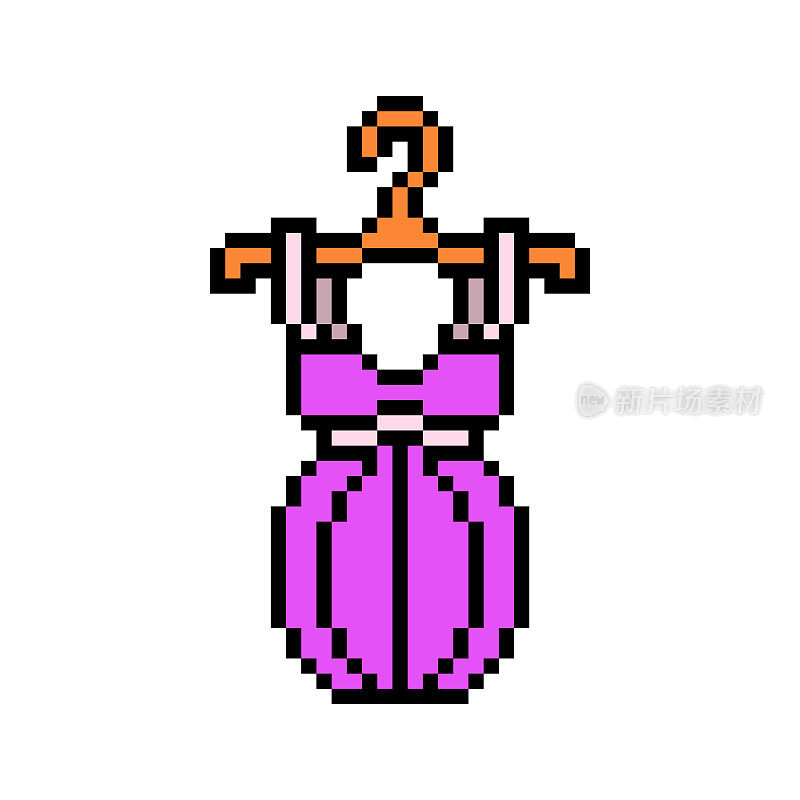 像素艺术符号的粉红色意大利面带迷你郁金香连衣裙在衣架上孤立的白色背景。女性的时尚服装偶像。复古复古90年代，80年代8位老虎机，2d视频游戏图形。