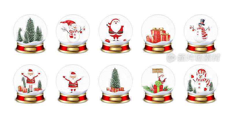 一套透明的雪花球与圣诞老人，雪人，雪，冷杉树，礼物，孤立的白色背景。