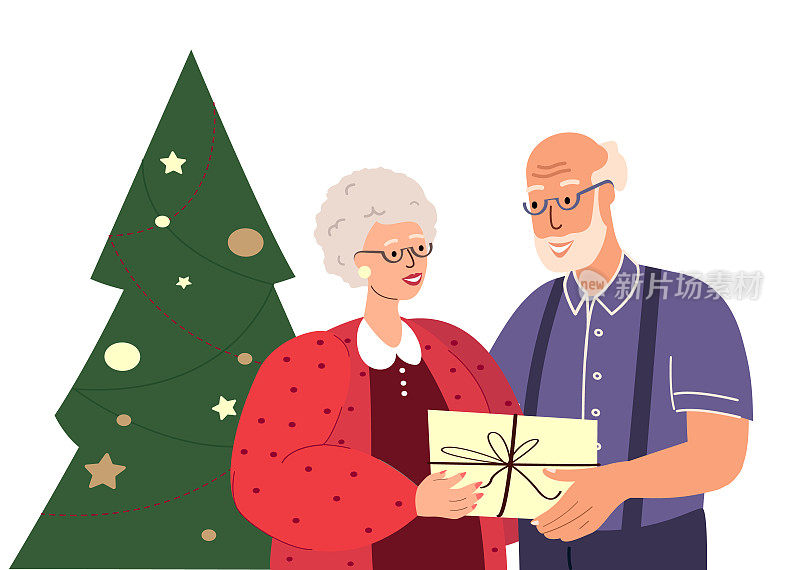 快乐的老夫妇赠送礼物，一起庆祝圣诞和新年。节日气氛，装饰圣诞树，家庭寒假。微笑的退休妇女，男人。平面矢量图