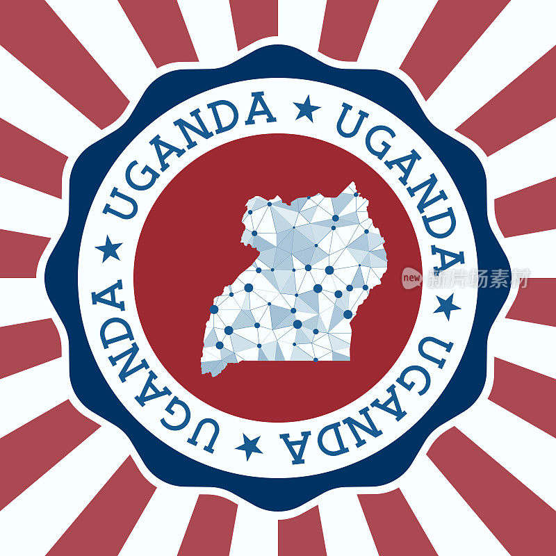 乌干达徽章。圆形标志的国家与三角形网格地图和径向射线。EPS10向量。