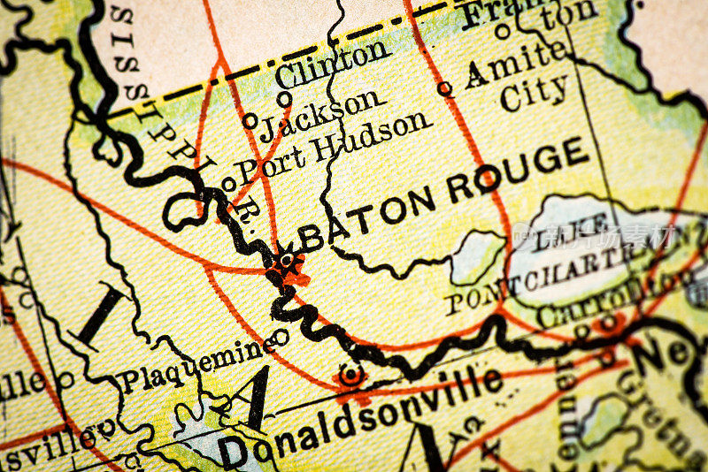 古董地图集地图宏观特写:巴吞鲁日，路易斯安那州