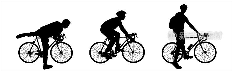 一个男人把腿抬起来骑自行车。他头上戴着运动防护头盔，背着背包，手里拿着自行车。侧视图。黑色剪影孤立在白色上