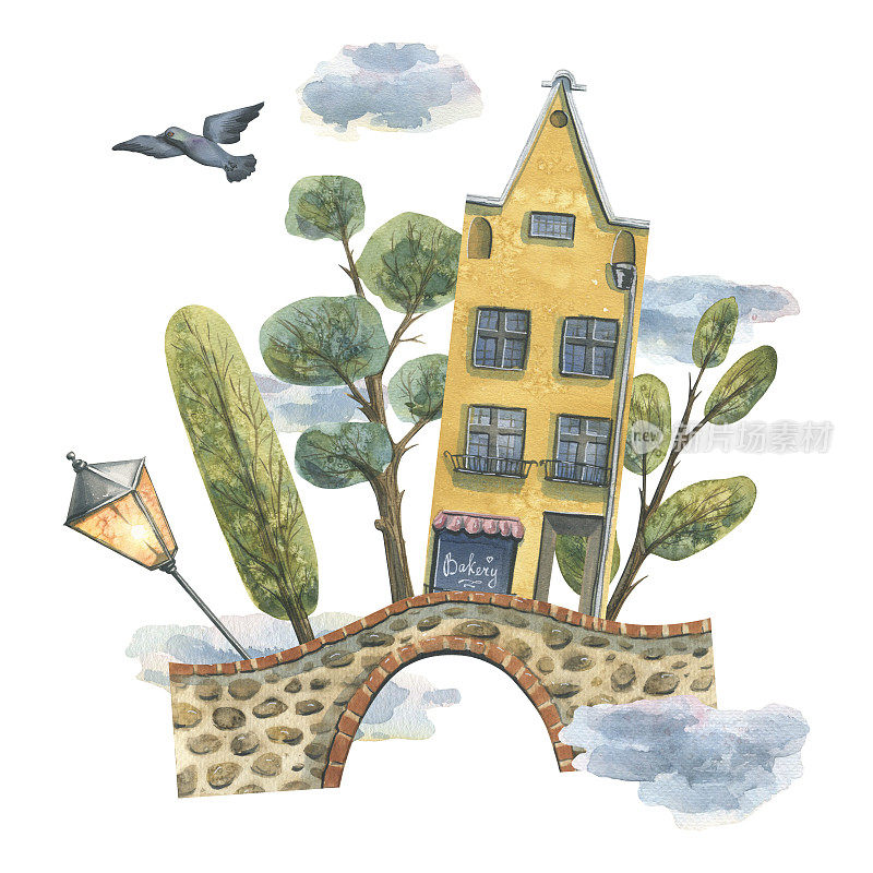 黄色的欧式房子，有石桥、树木、鸽子和灯笼。水彩插图。来自欧洲住宅系列的构图。用于旅游设计和宣传册、门票、纪念品。