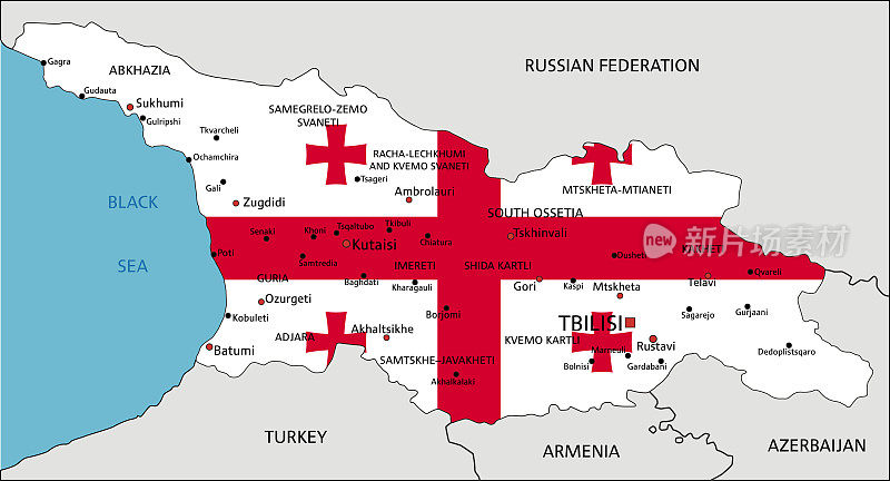 格鲁吉亚非常详细的政治地图，白色背景上孤立的国旗。