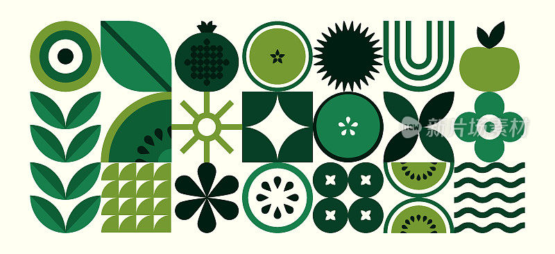 抽象的几何食物图案。天然果植物造型简单，生态农业理念。矢量最小插图