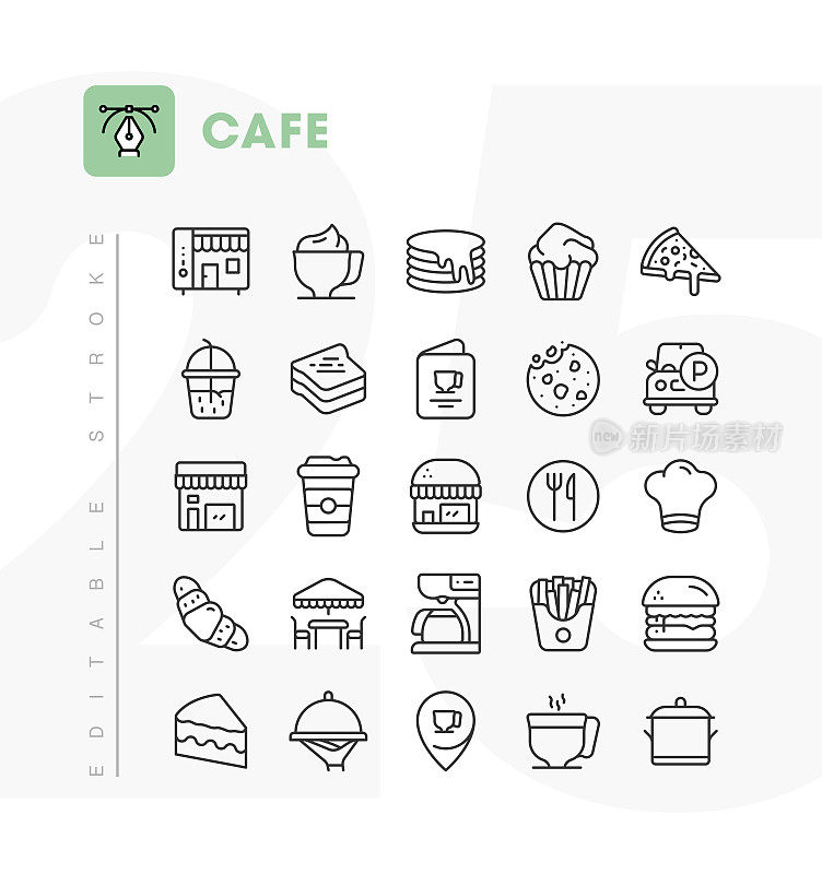 咖啡馆线图标集。可编辑的中风。像素完美。