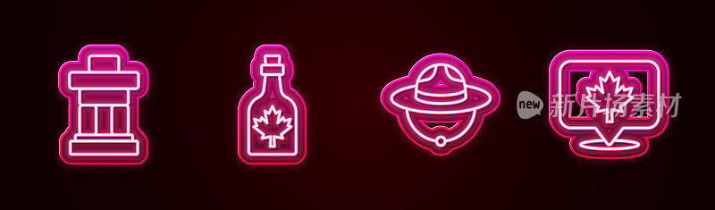 设定线Inukshuk，瓶枫糖浆，加拿大游侠帽和叶子。发光的霓虹灯图标。向量