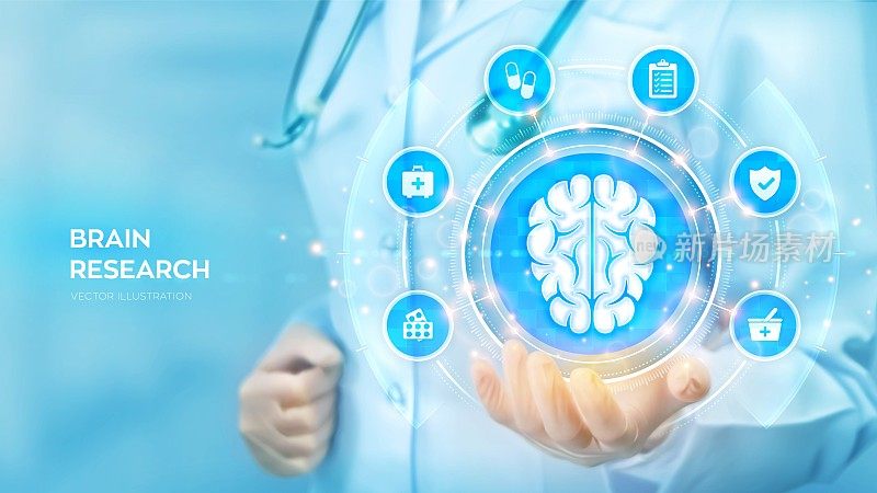 大脑研究。神经学。医生手里拿着人脑全息图和虚拟屏幕上的医学图标网络连接。科学和医学的创新技术。矢量图