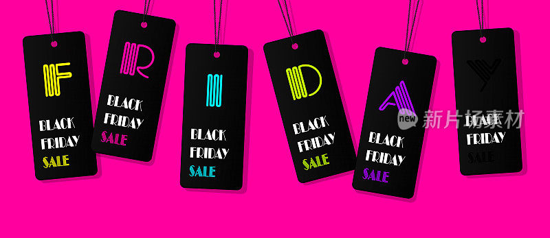 现代风格的季节性销售概念。“黑色星期五”。时尚的一套价格标签，折扣标签上抽象的彩色背景。为营销和广告的明信片的创意矢量集。