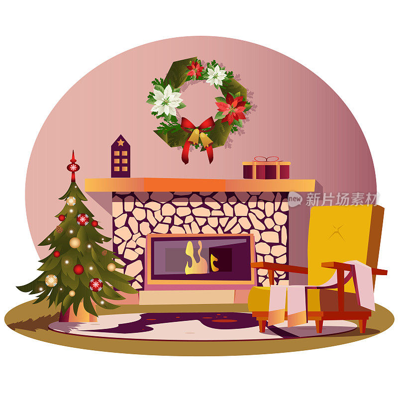 家庭内部与圣诞装饰。圣诞树上有球、礼品盒、圣诞花环和壁炉。