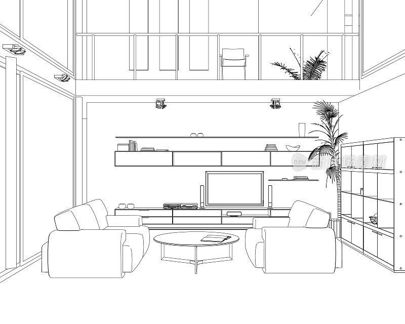 室内设计与现代客厅黑线在白色背景，矢量插图。客厅内部轮廓。线条式家具:沙发、书架、电视架、花盆。看前面