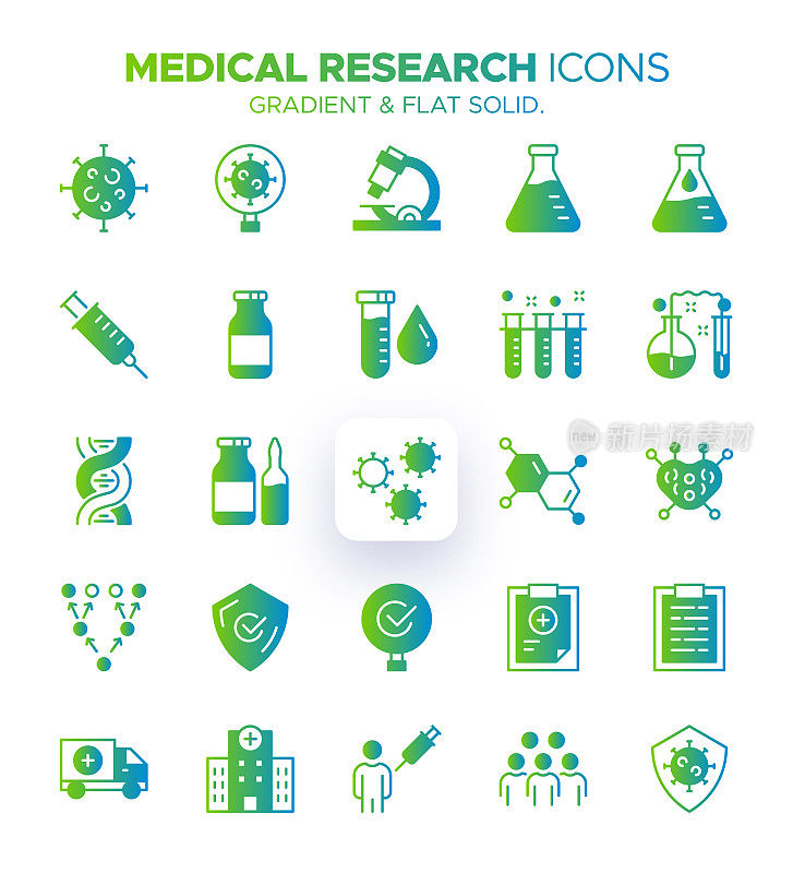 具有渐变颜色的医学研究图标集-医疗保健，医学，实验室，实验室，科学