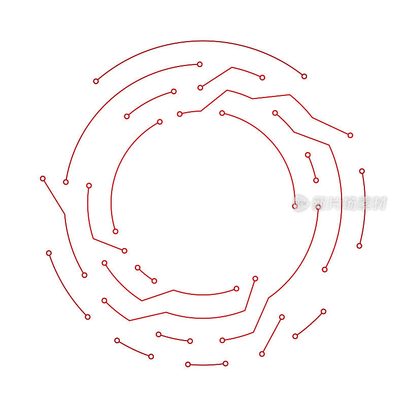 一个时尚的设计展示圆形的红色电线在一个白色的电路板上，在中心有充足的复制空间。