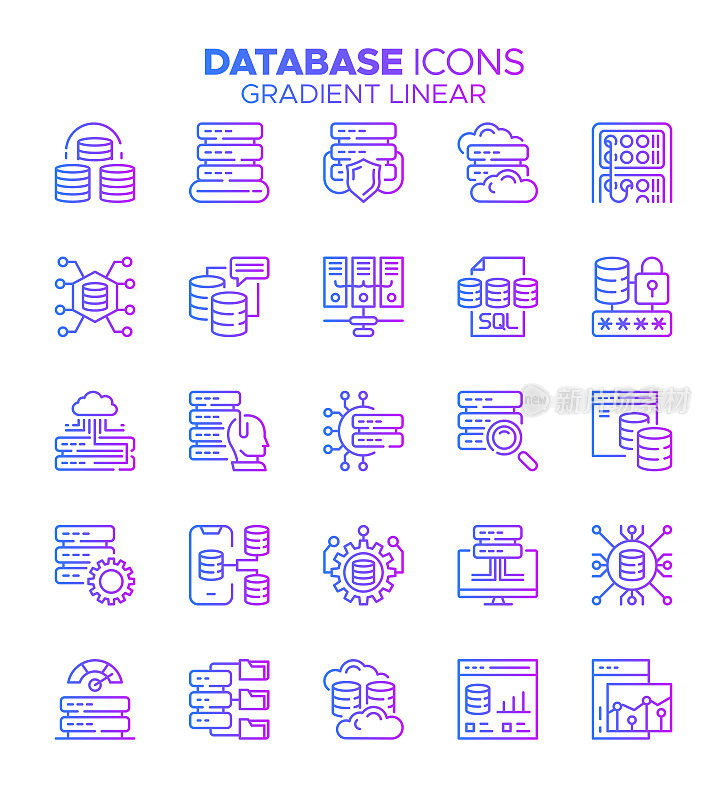 采购产品数据库-梯度细线矢量图标集-大数据，分析，个人数据，云计算，服务器，Web服务器