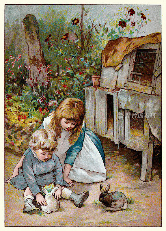 年幼的孩子和他们的宠物兔子，喂兔子，维多利亚儿童书籍插图，19世纪