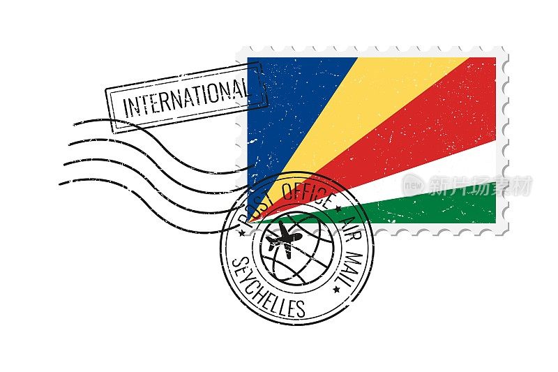 塞舌尔grunge风格邮票。复古明信片矢量插图与塞舌尔国旗孤立的白色背景。复古的风格。