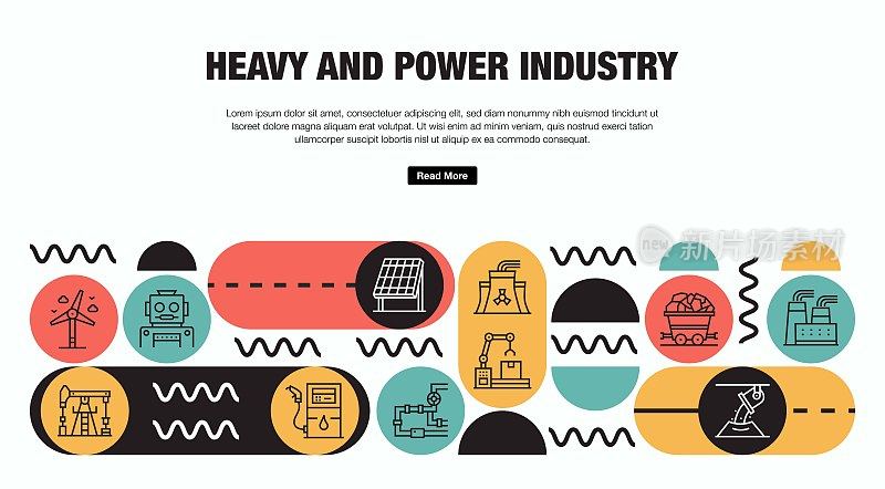 重型和电力工业相关的矢量横幅设计概念。全局多球体随时可用的模板。网页横幅，网站标题，杂志，移动应用程序等。现代设计。