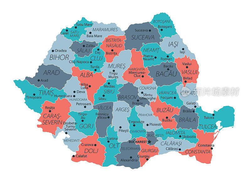 罗马尼亚的地图。罗马尼亚矢量彩色地图