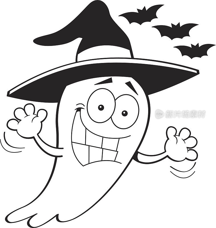 卡通幽灵戴着女巫的帽子