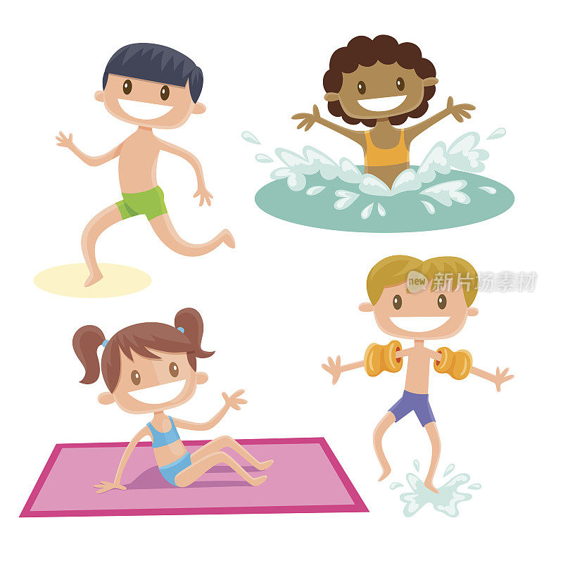 一组孤立的卡通孩子在海滩上玩耍。一个黑皮肤的男孩在跑步，一个黑皮肤的女孩在海里玩，一个棕色头发的女孩坐在她的毛巾上，一个金发的男孩穿着泳袖。
