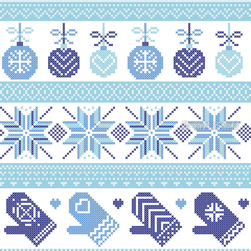 印刷圣诞图案的圣诞小玩意，手套，星星，雪花，装饰品，雪