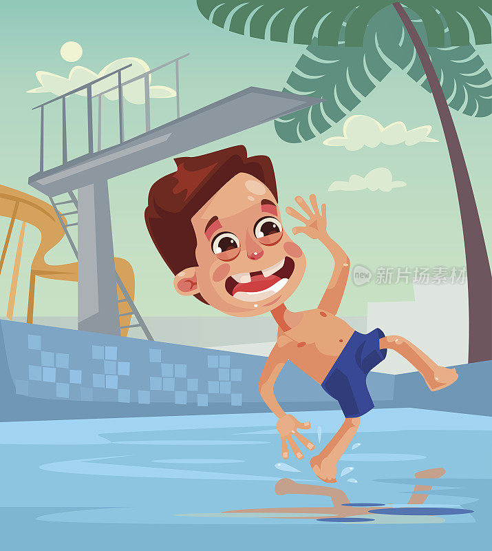 快乐微笑的小男孩在宾馆的游泳池里蹦蹦跳跳。快乐的暑假