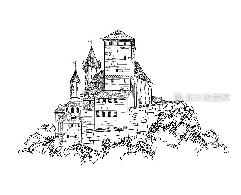 古城堡景观版画塔建筑素描天际线