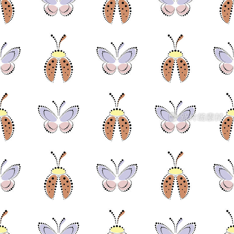无缝载体模式与昆虫。色彩鲜艳的装饰背景与瓢虫和蝴蝶。装饰重复点缀，昆虫无缝花纹系列。