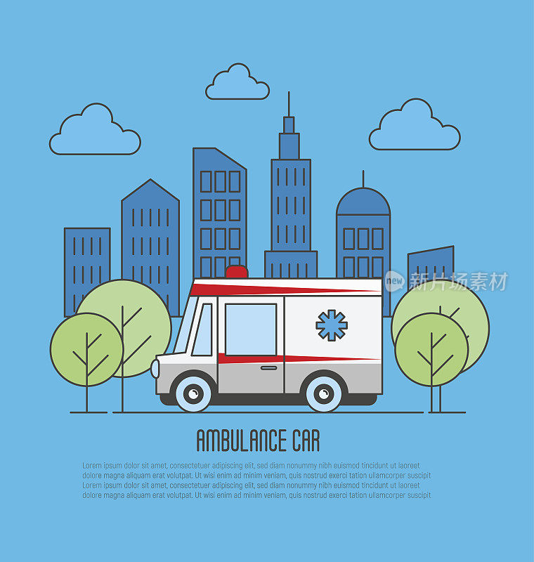 救护车在细线风格。特大城市的背景。矢量插图。