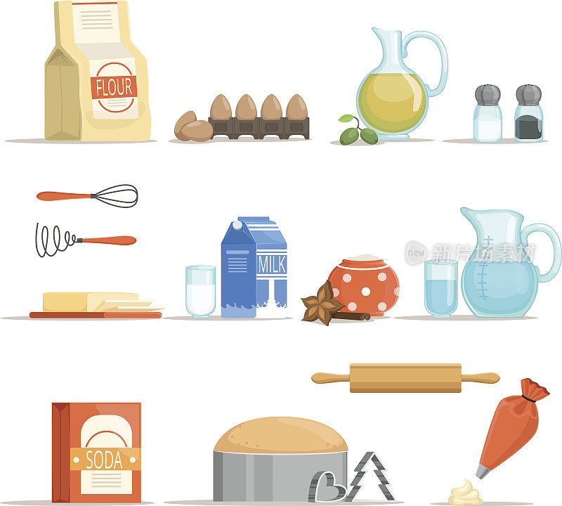 不同的食物配料用于烘焙和烹饪。矢量插图卡通风格