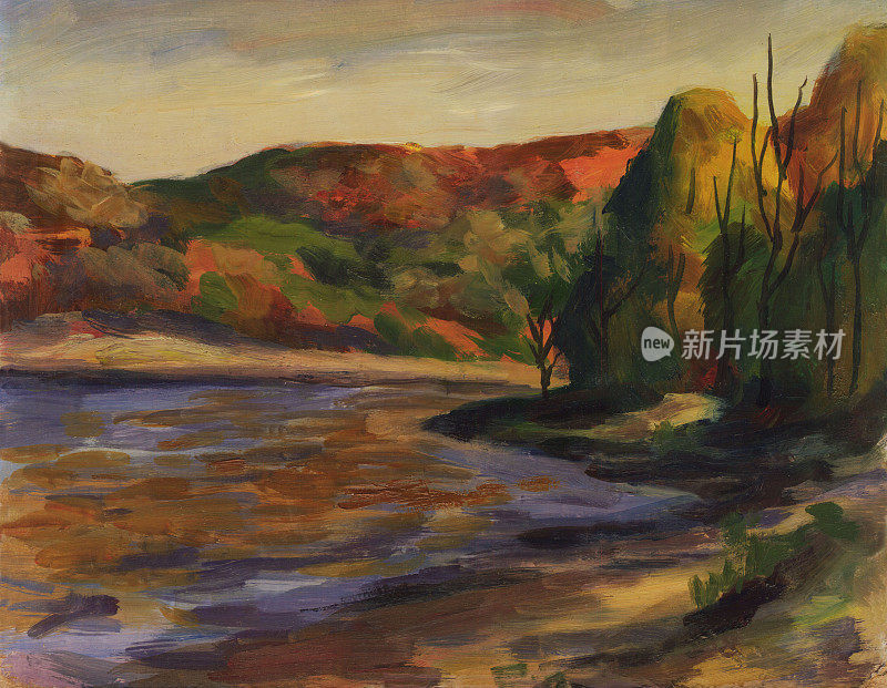 秋天的风景。河，山，树，岸。油画