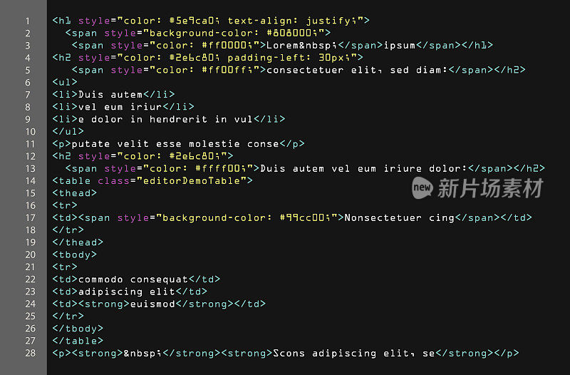 HTML简单代码向量。开发者视图中的彩色抽象程序标签。屏幕的彩色照明语法的源代码脚本。黑色背景